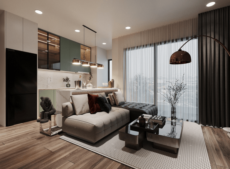 bếp và phòng khách liền kề