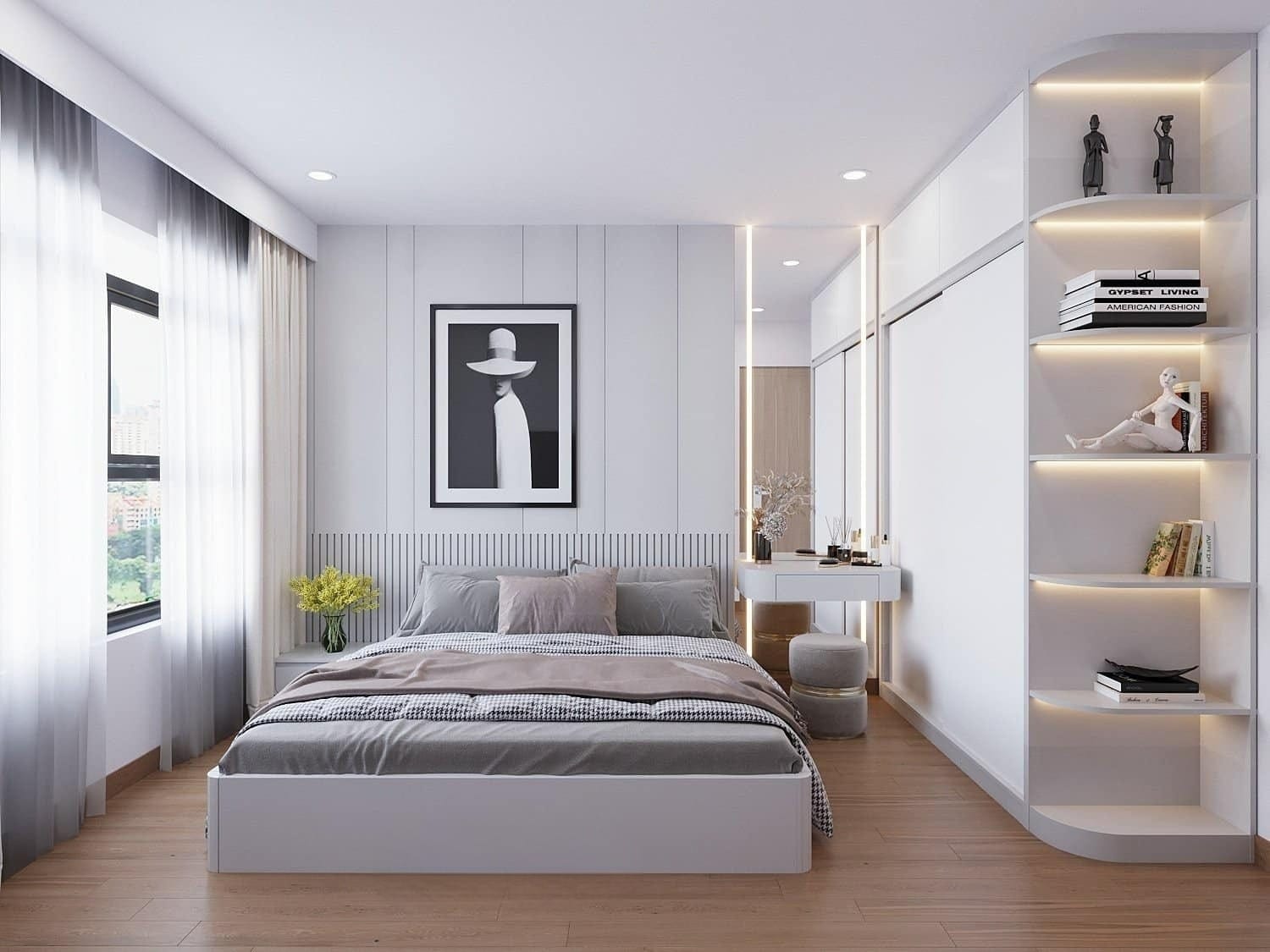 phòng ngủ màu trắng tinh tế, đón ánh sáng