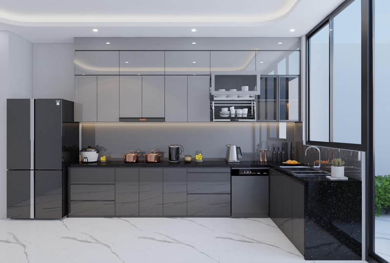 tủ bếp acrylic màu đen
