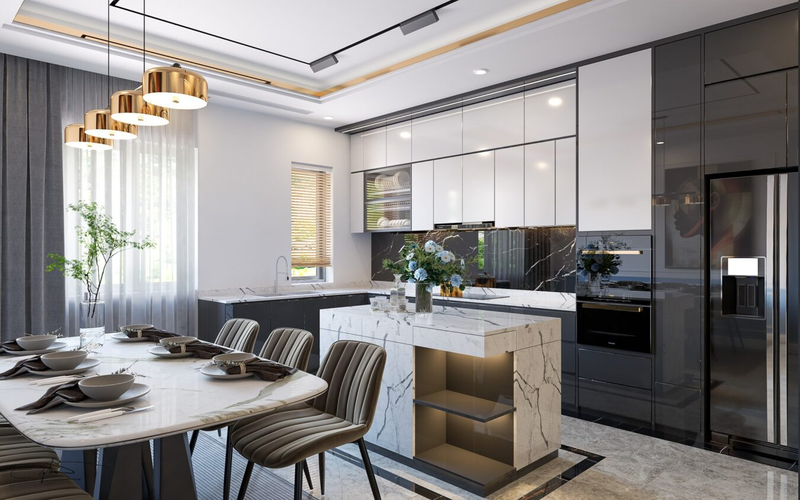 tủ bếp acrylic màu đen