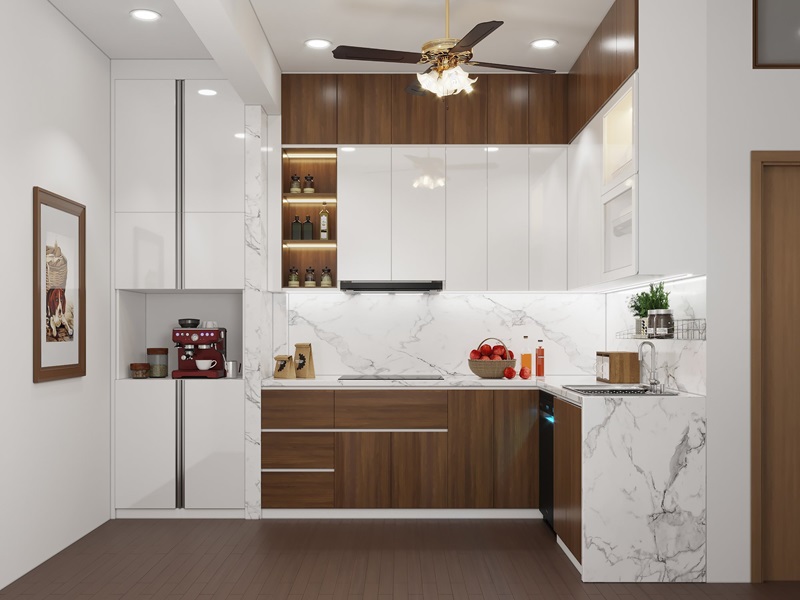 tủ bếp Acrylic vân gỗ