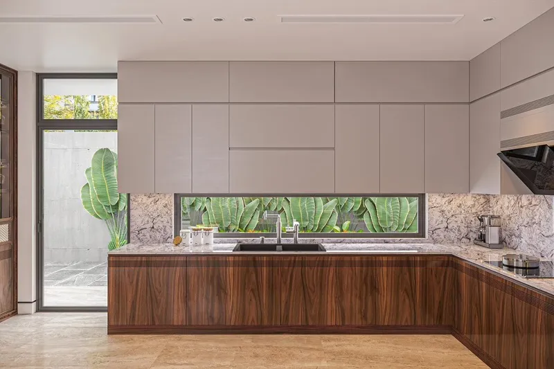 Mẫu tủ bếp Acrylic vân gỗ đẹp, sang trọng