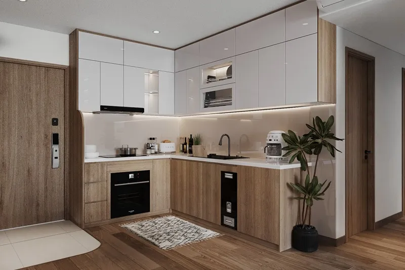 Mẫu tủ bếp Acrylic vân gỗ đẹp, sang trọng