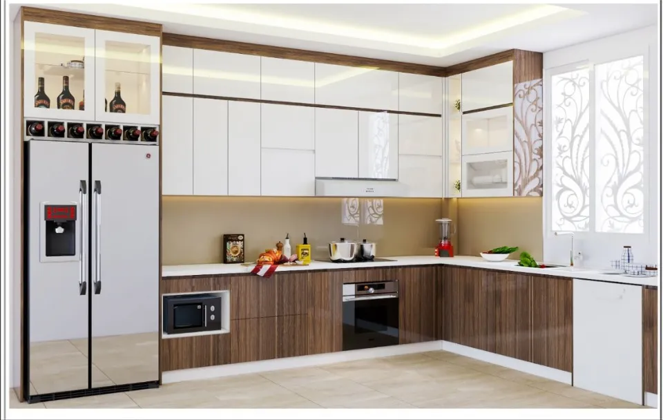 Mẫu tủ bếp Acrylic vân gỗ sáng màu, cao cấp