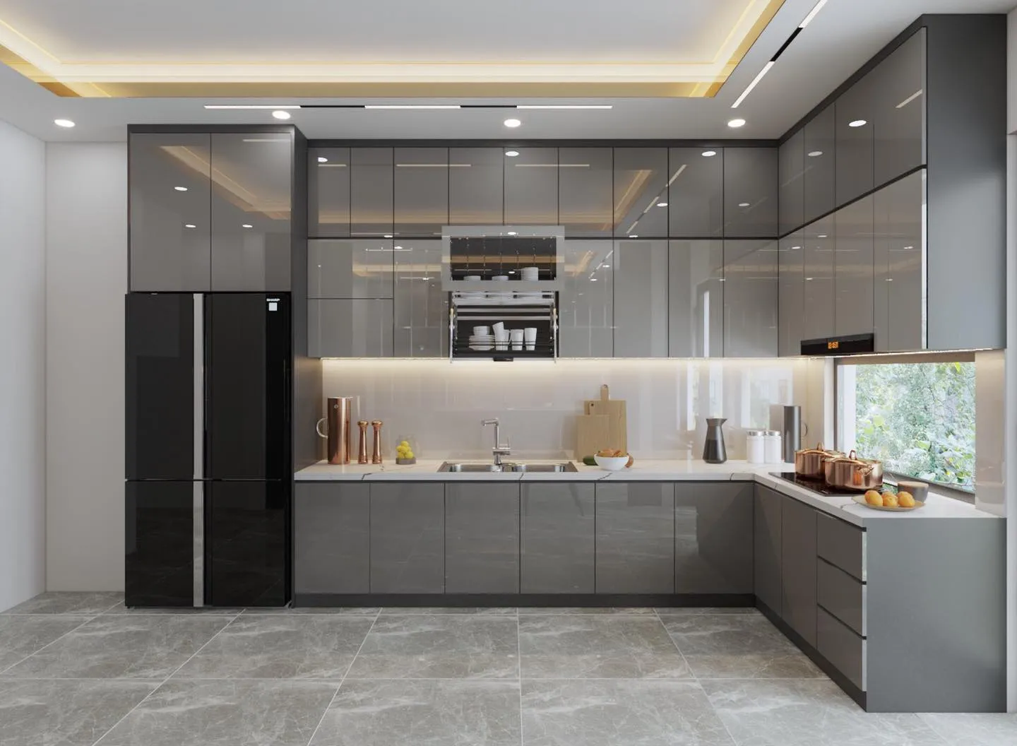 Mẫu tủ bếp Acrylic vân gỗ tối màu, đẹp mắt