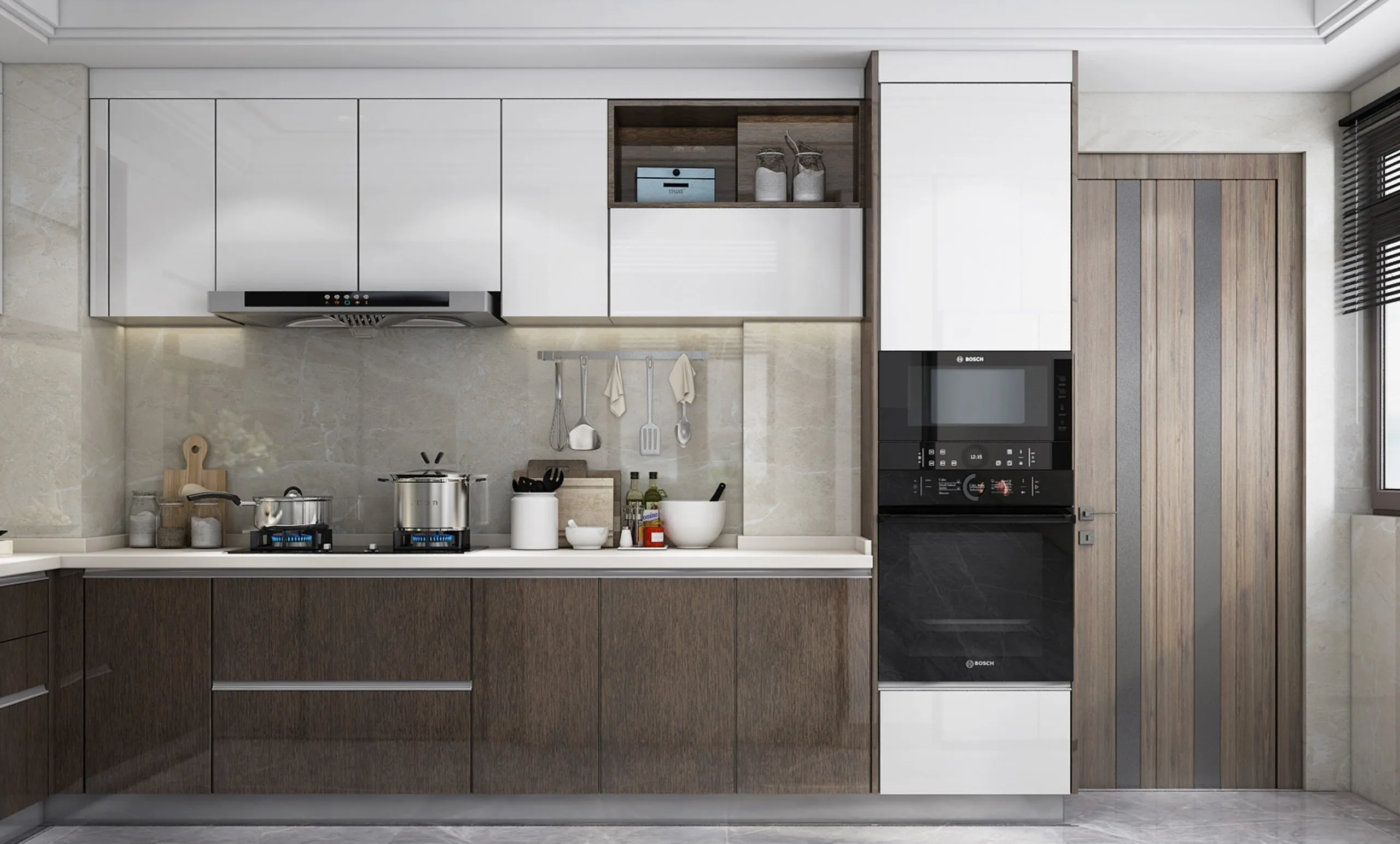Mẫu tủ bếp Acrylic vân gỗ tối màu, hiện đại