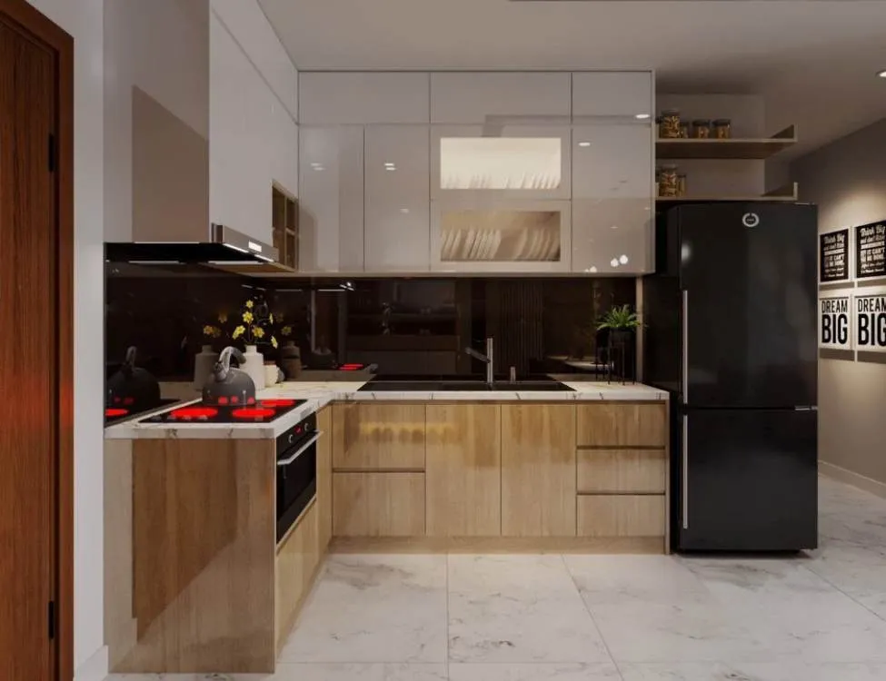 Mẫu tủ bếp Acrylic vân gỗ tối màu, sang trọng